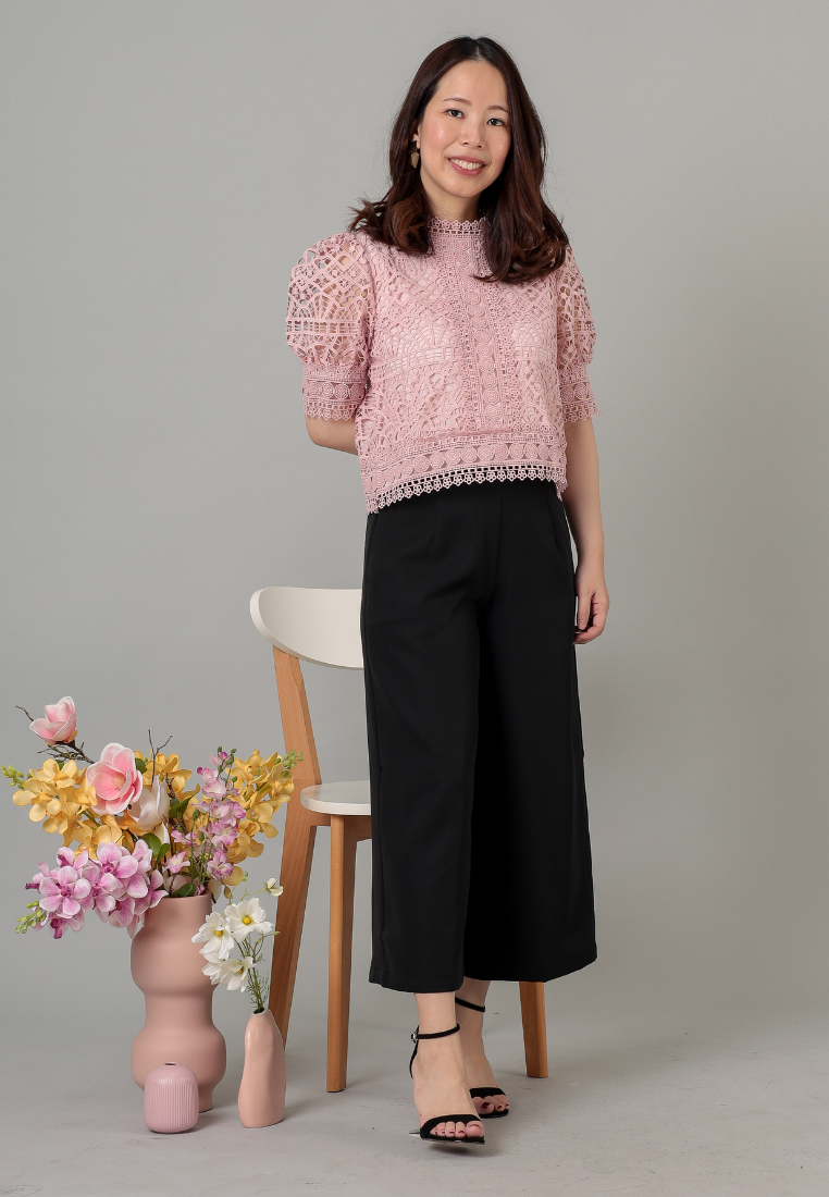 Nancy Puffy Sleeves Crochet Lace Top (Pink)