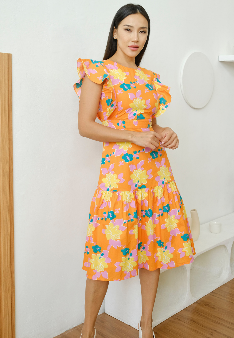 Delphine Ruffle Sleeves Floral Dress (Orange)