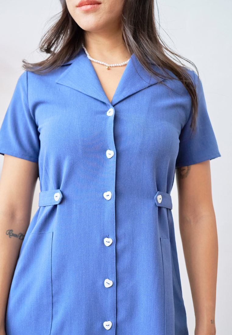 [LK X SHERLYN MAMA] Harper Notch Collar Dress with Love Shape Buttons (Blue)