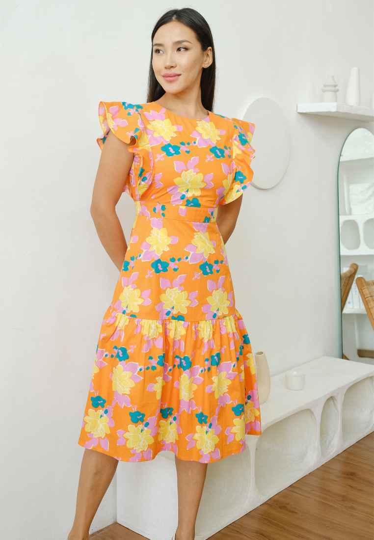 Delphine Ruffle Sleeves Floral Dress (Orange)