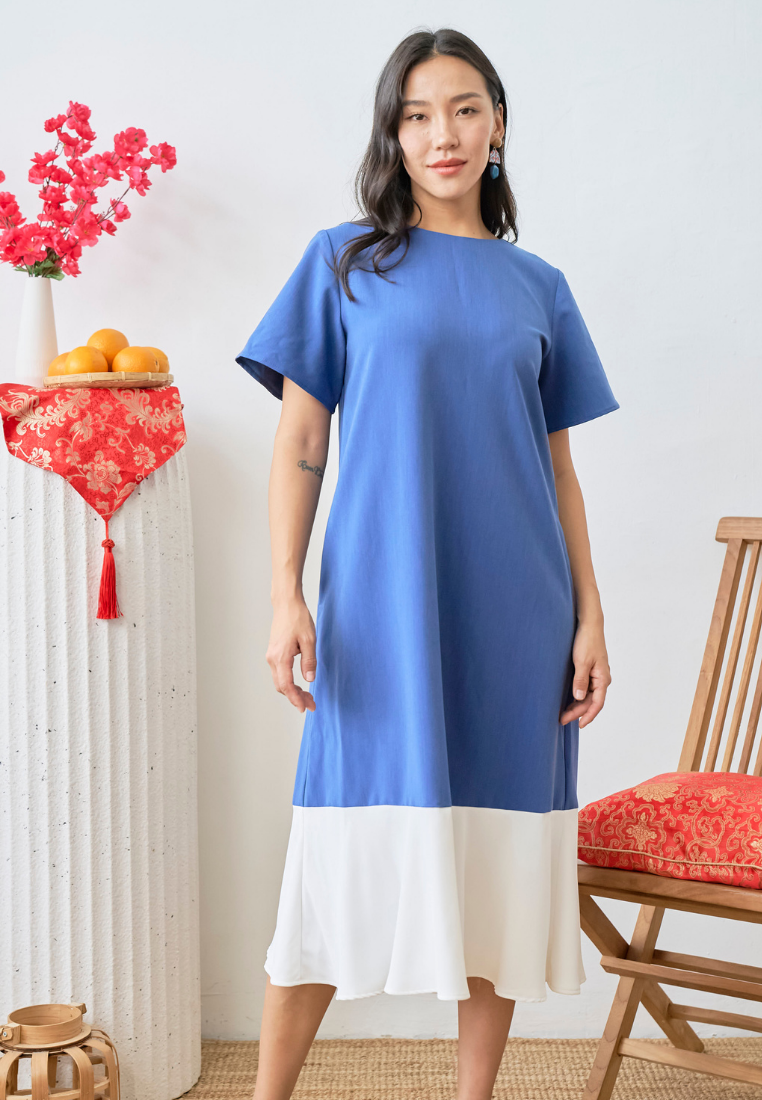 [LK x Sherlyn Mama] Elize Dual-tone Shift Dress (Blue)