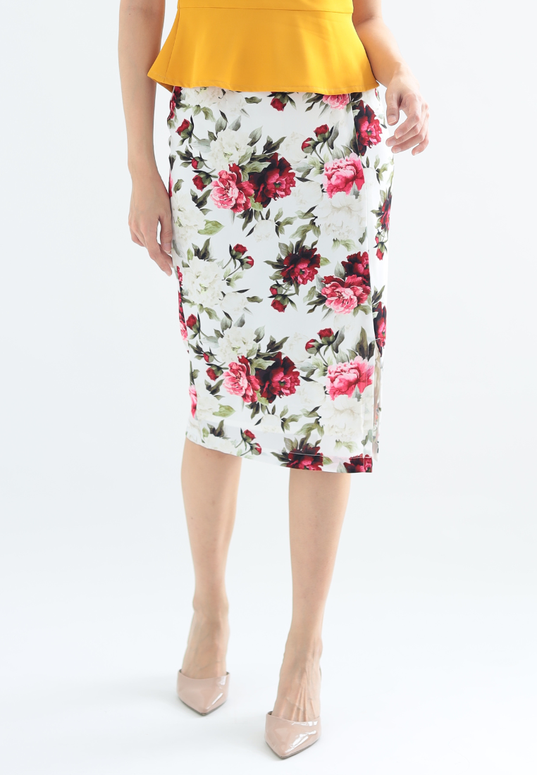 Blossom Floral Pencil Skirt (White)