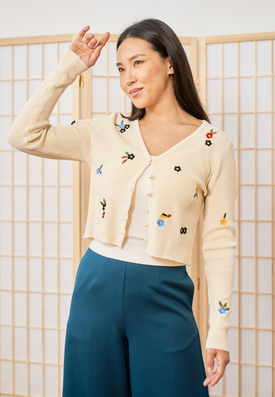 Nina Premium Floral Knit Cardigan (Beige)
