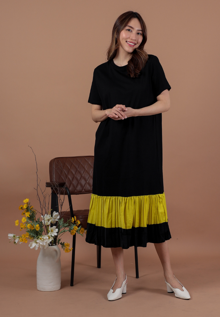 Gloria Pleated Tiered Shift Maxi Dress (Yellow)