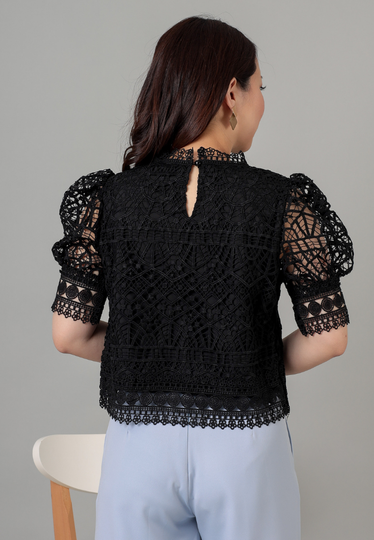Nancy Puffy Sleeves Crochet Lace Top (Black)