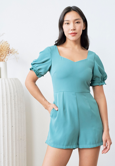 Agnes Puffed Sleeves Romper (Turquoise Green)