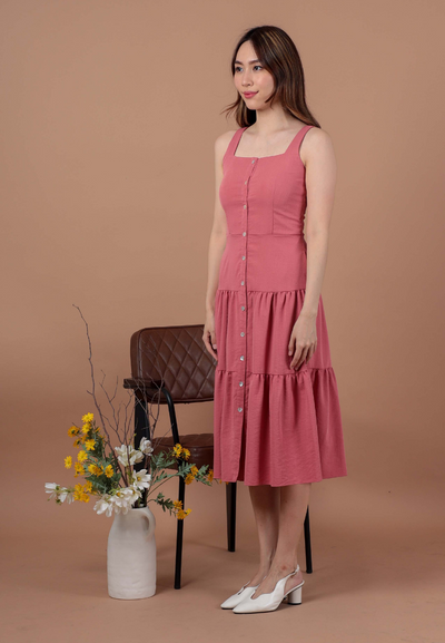 Betty Sleeveless Button Down Tiered Hem Dress (Pink)