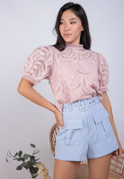 Percy Puffed Sleeves Lace Top (Light Pink)