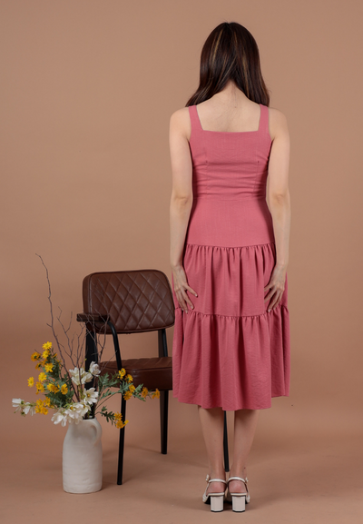 Betty Sleeveless Button Down Tiered Hem Dress (Pink)