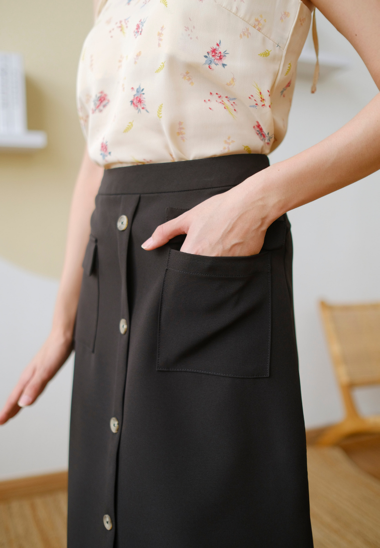 Connie Faux Buttons A-line Skirt (Black)