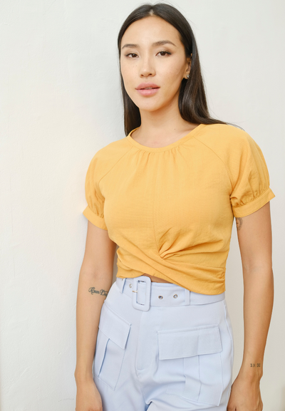 Sabrina Puffed Sleeves Front Knot Top (Honey Yellow)
