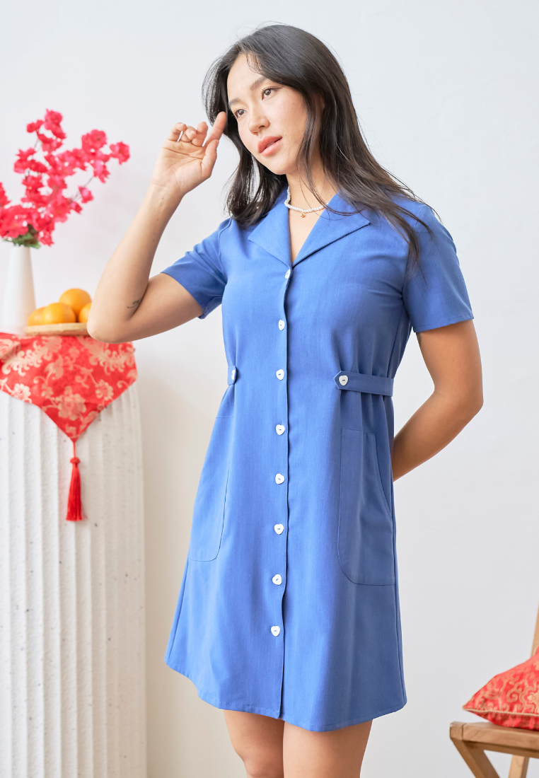 [LK X SHERLYN MAMA] Harper Notch Collar Dress with Love Shape Buttons (Blue)