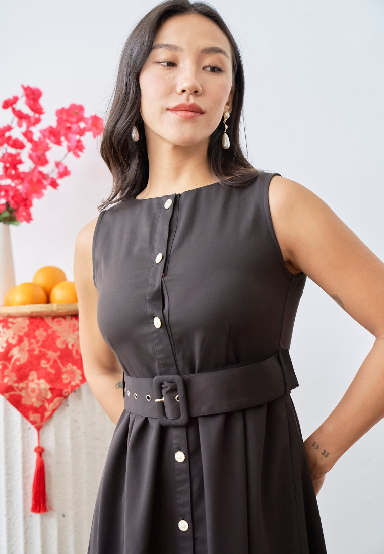 [LK x Sherlyn Mama] Novalee Sleeveless Button Down Midi Dress (Dark Brown)