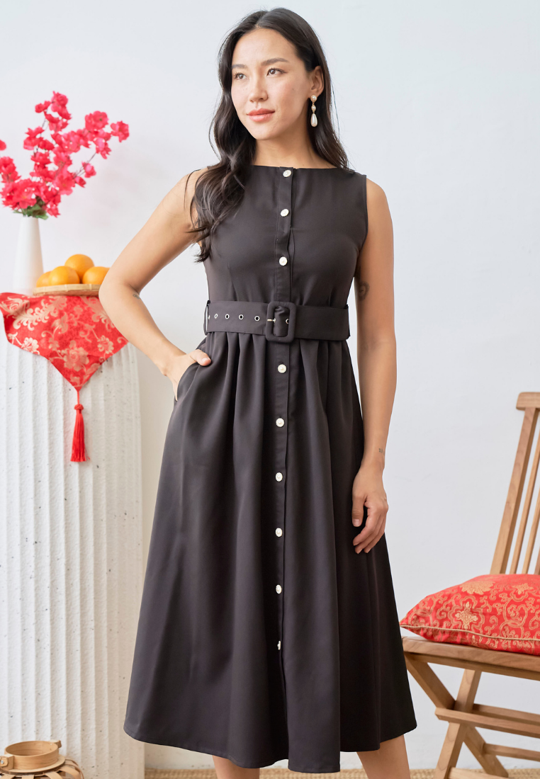 [LK x Sherlyn Mama] Novalee Sleeveless Button Down Midi Dress (Dark Brown)