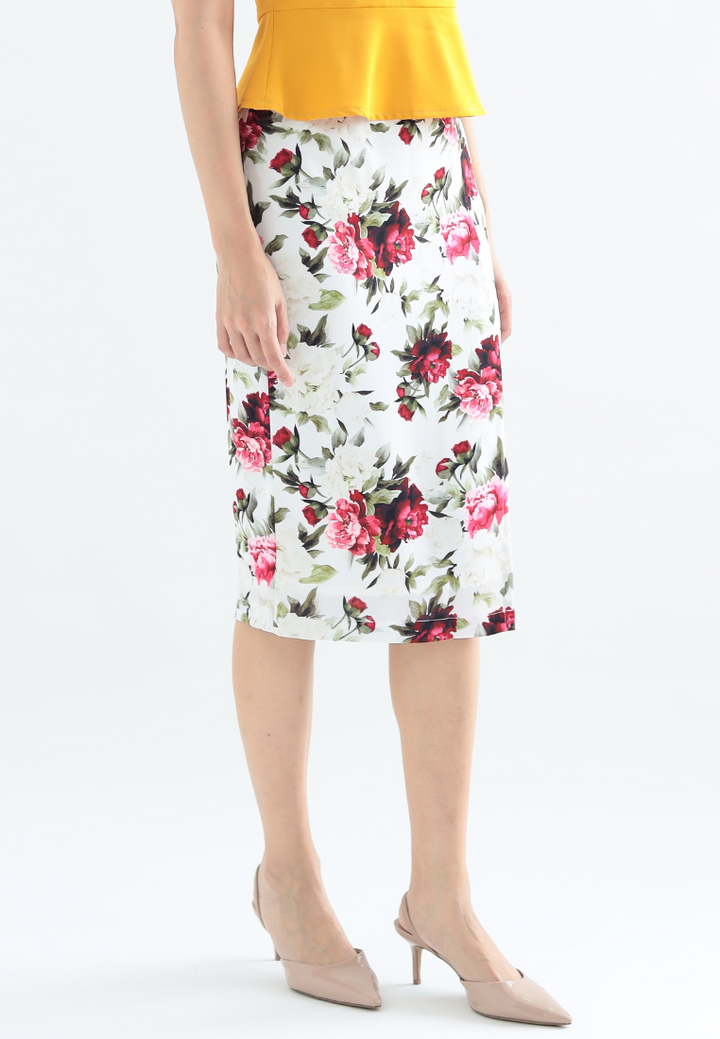 Blossom Floral Pencil Skirt (White)