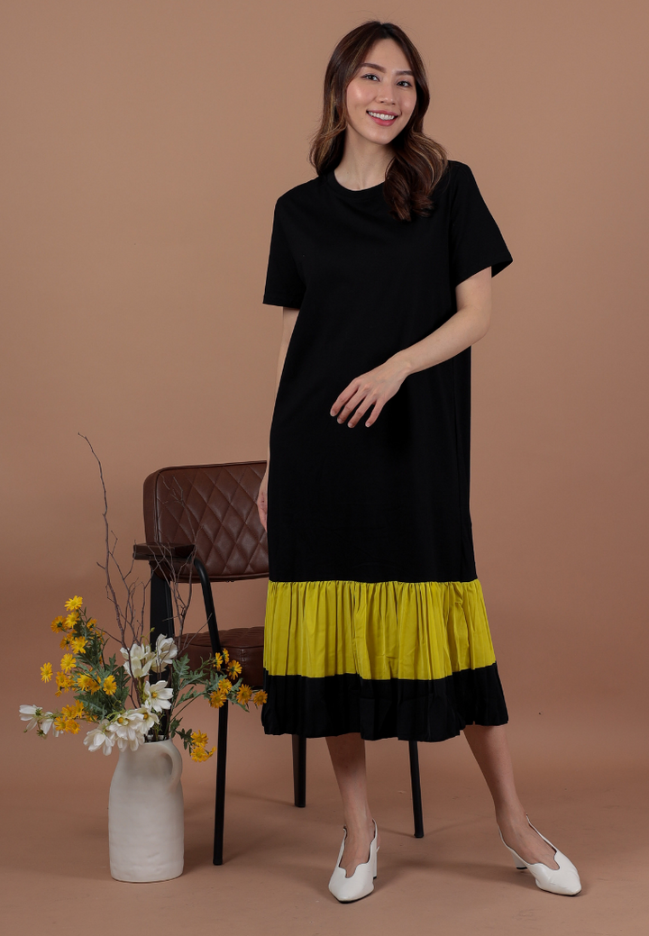 Gloria Pleated Tiered Shift Maxi Dress (Yellow)