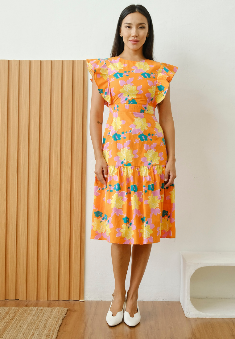 Delphine Ruffle Sleeves Floral Dress (Orange)