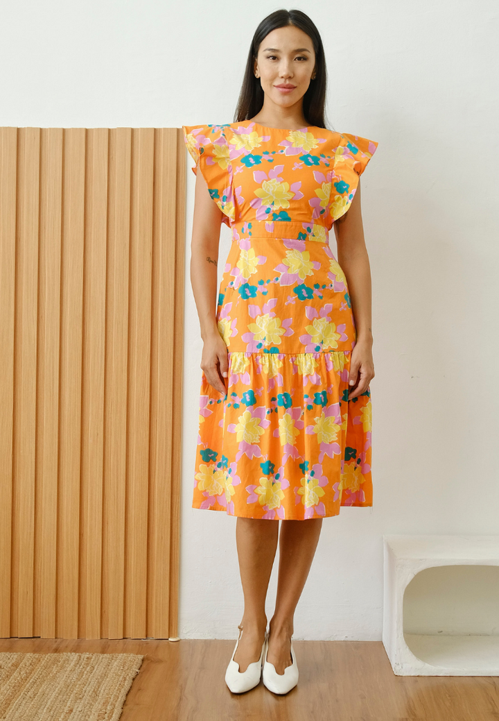 Delphine Ruffle Sleeves Floral Dress (Orange)