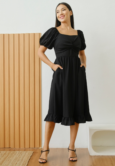 Neisha Puffed Sleeves Ruffle Hem Midi Dress (Black)