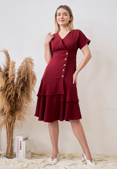 Behati Ruffles Wrap Dress (Maroon)