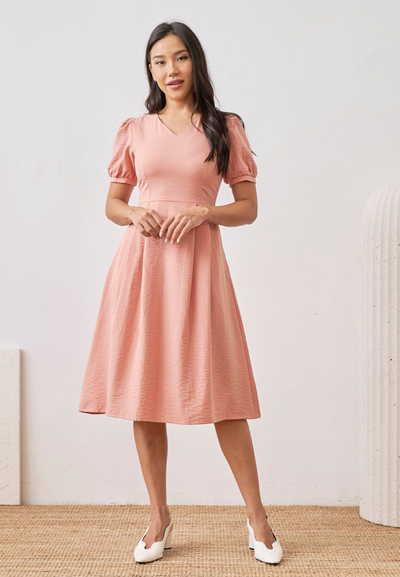 Lyra Puffy Sleeves A-line Dress (Peach Pink)