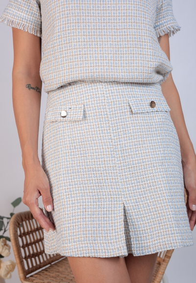 Jayni High Waisted Tweed Trims Mini Skirt (Light Blue)