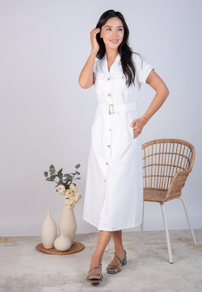 Journee Button Down Midi Dress (White)