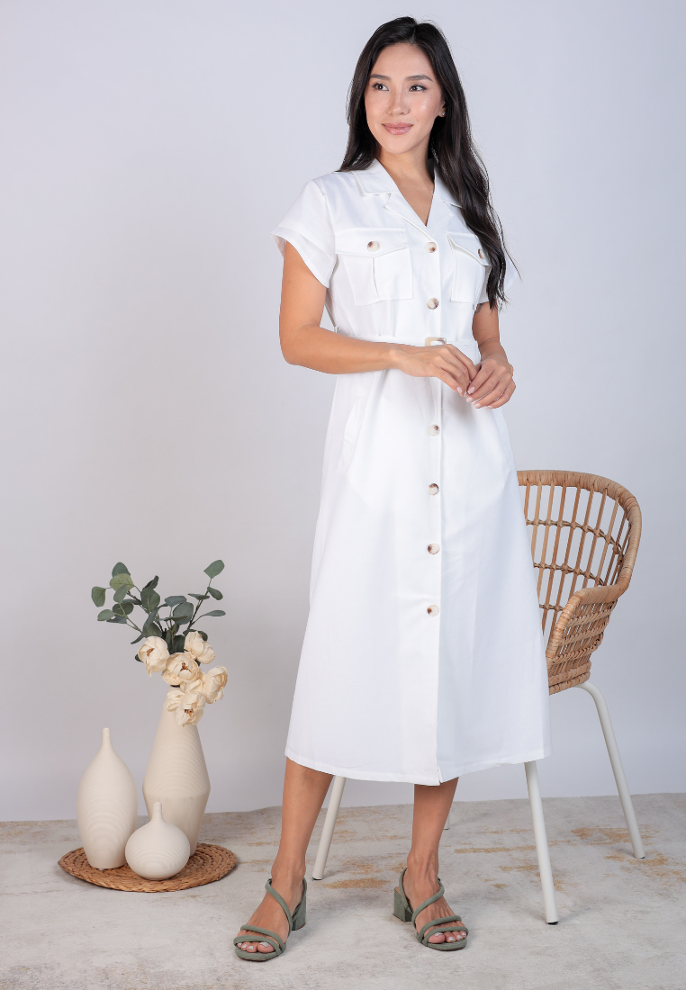 Journee Button Down Midi Dress (White)