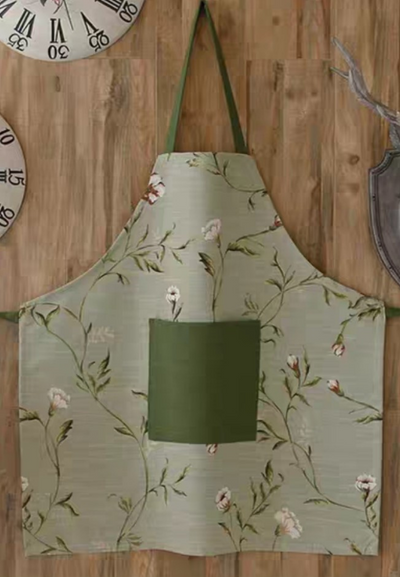 Country Style Watercolor Floral Cotton Apron With Pocket ( Beige)