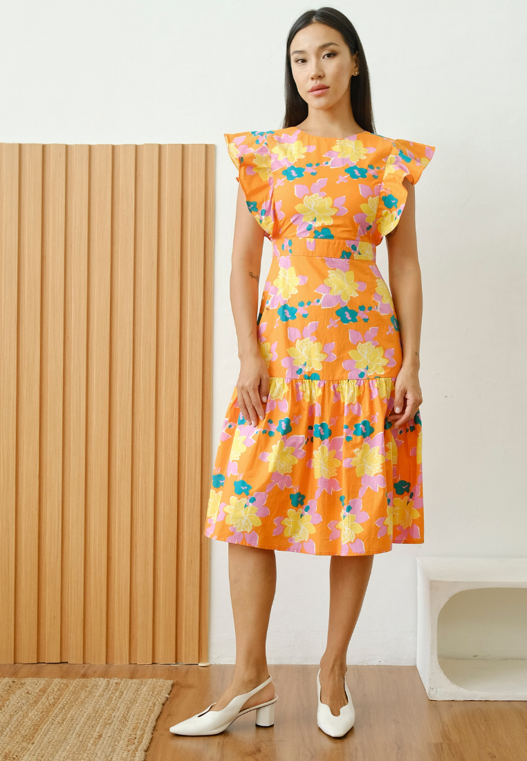 Delphine Ruffle Sleeves Floral Dress (Orange)