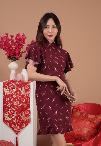 Ji Mandarin Collar Floral Sheath Dress (Maroon)