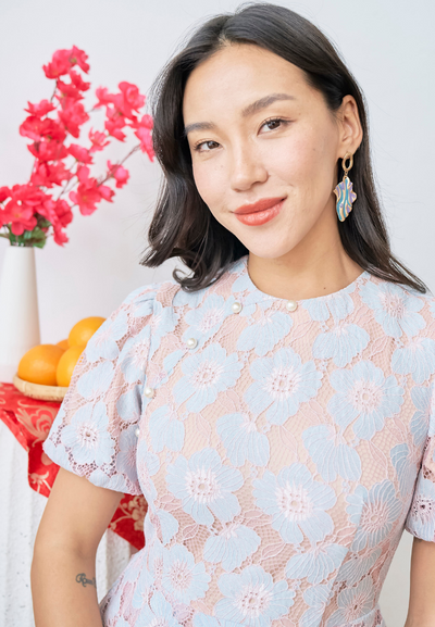 [LK x Sherlyn Mama] Xiang Rui Peplum Lace Cheongsam With Detachable Collar (Pink)