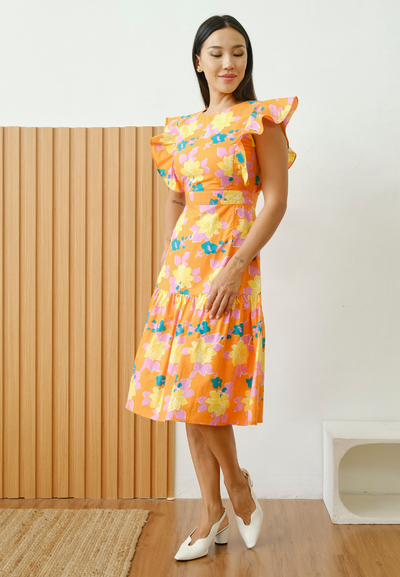 Delphine Ruffle Sleeves Floral Dress (Orange)