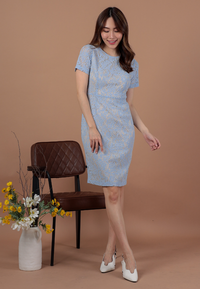 Lalita Pastel Lace Overlay Sheath Dress (Light Blue)